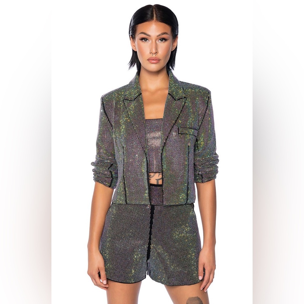 AKIRA Glitter Blazer and Shorts Set in Black and Green